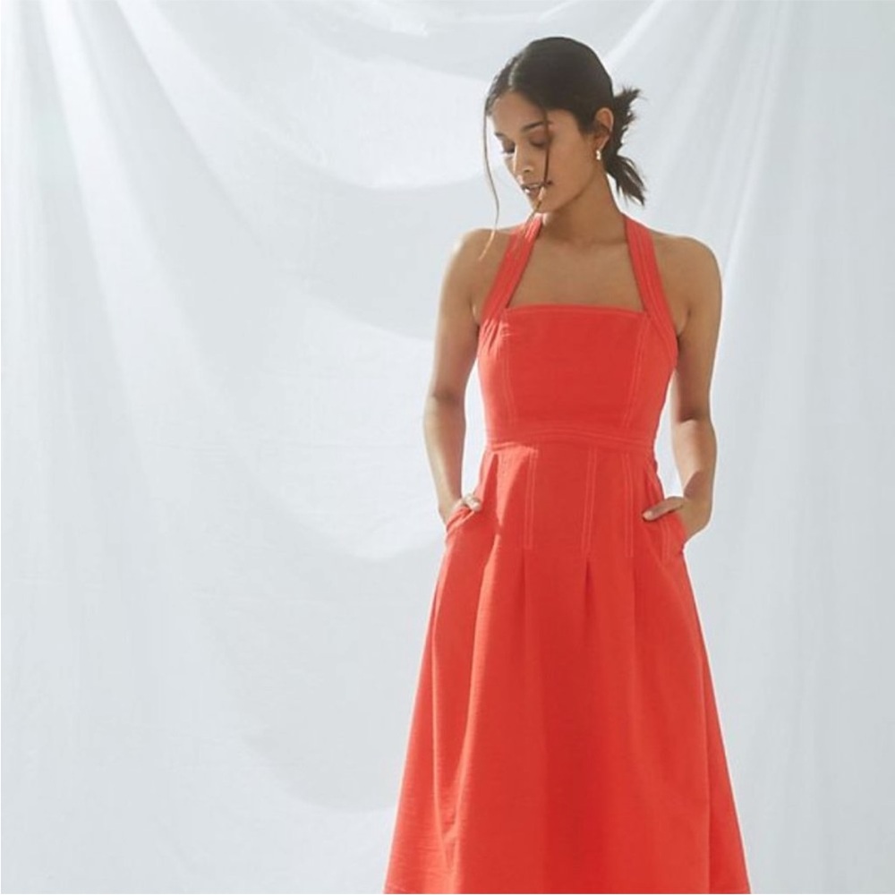 Anthropologie Maeve Alessandra Square Neck Cross-Back Zip Midi Dress Pockets 14 - Picture 7 of 16